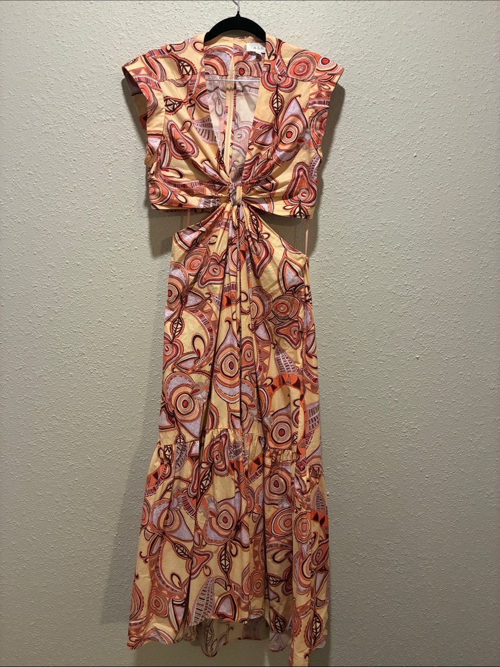 A.L.C. Twist Front Cutout Maxi Dress in Yellow, Orange and Red Print